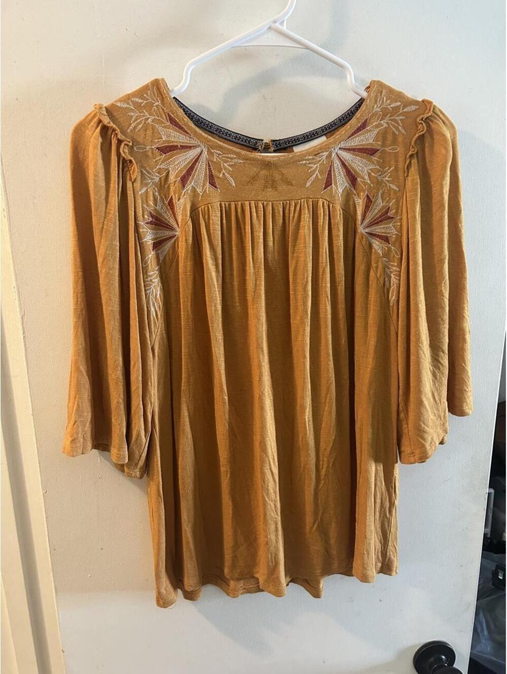 Knox Rose mustard yellow blouse with embroidered floral design size M